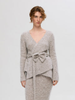 Gabella Ls Knit Bow Cardigan - Steel Gray Melange