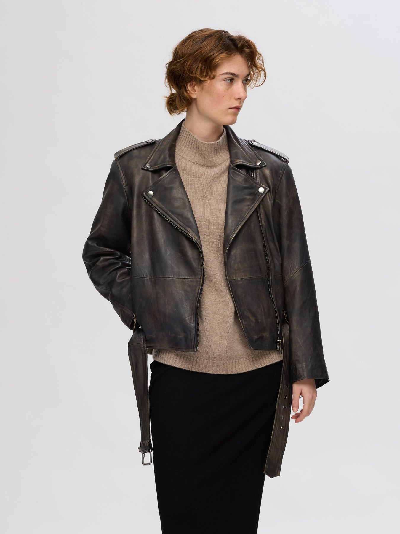 Nana Biker Leather Jacket - Black Rub Off Look
