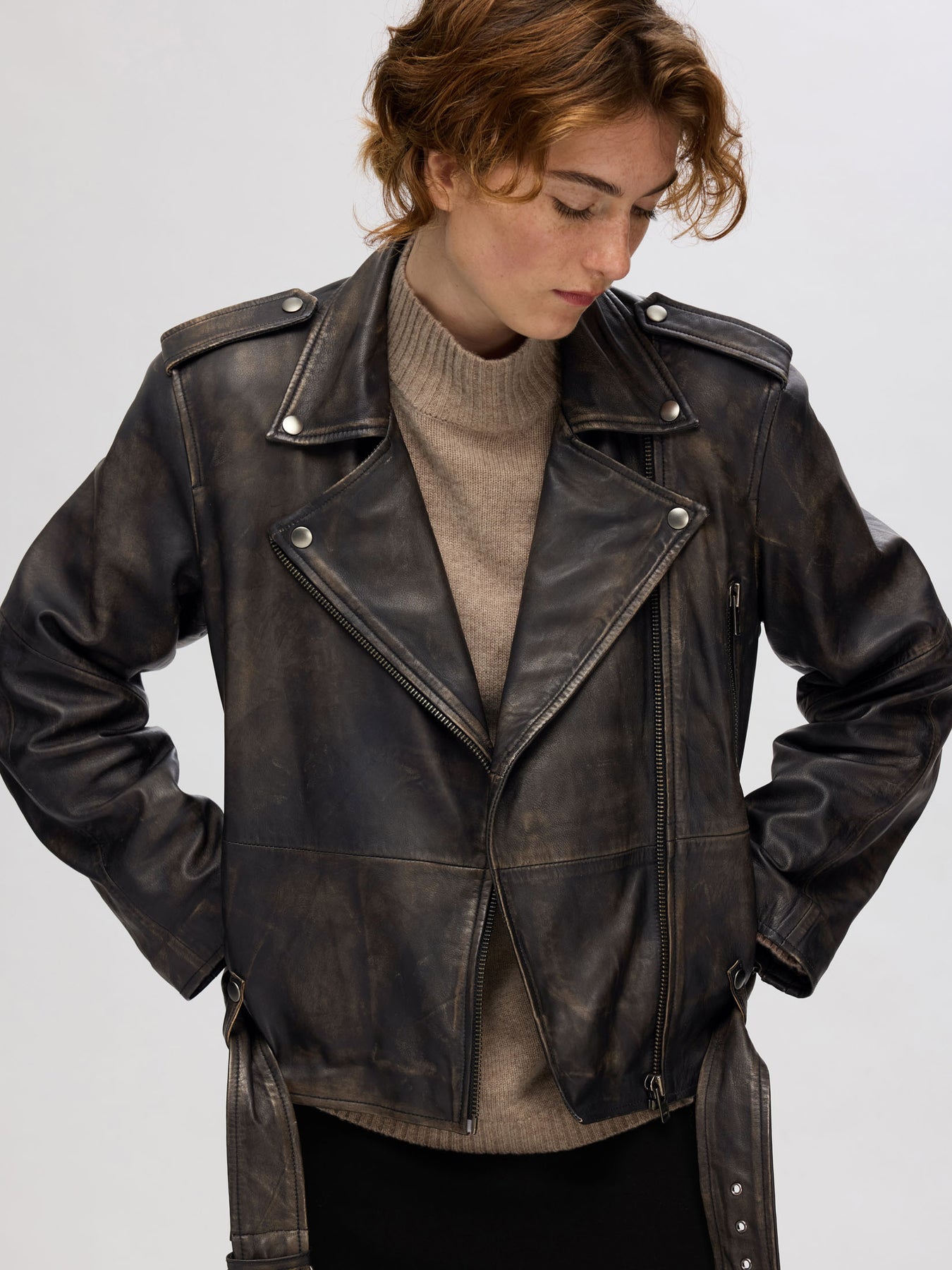 Nana Biker Leather Jacket - Black Rub Off Look