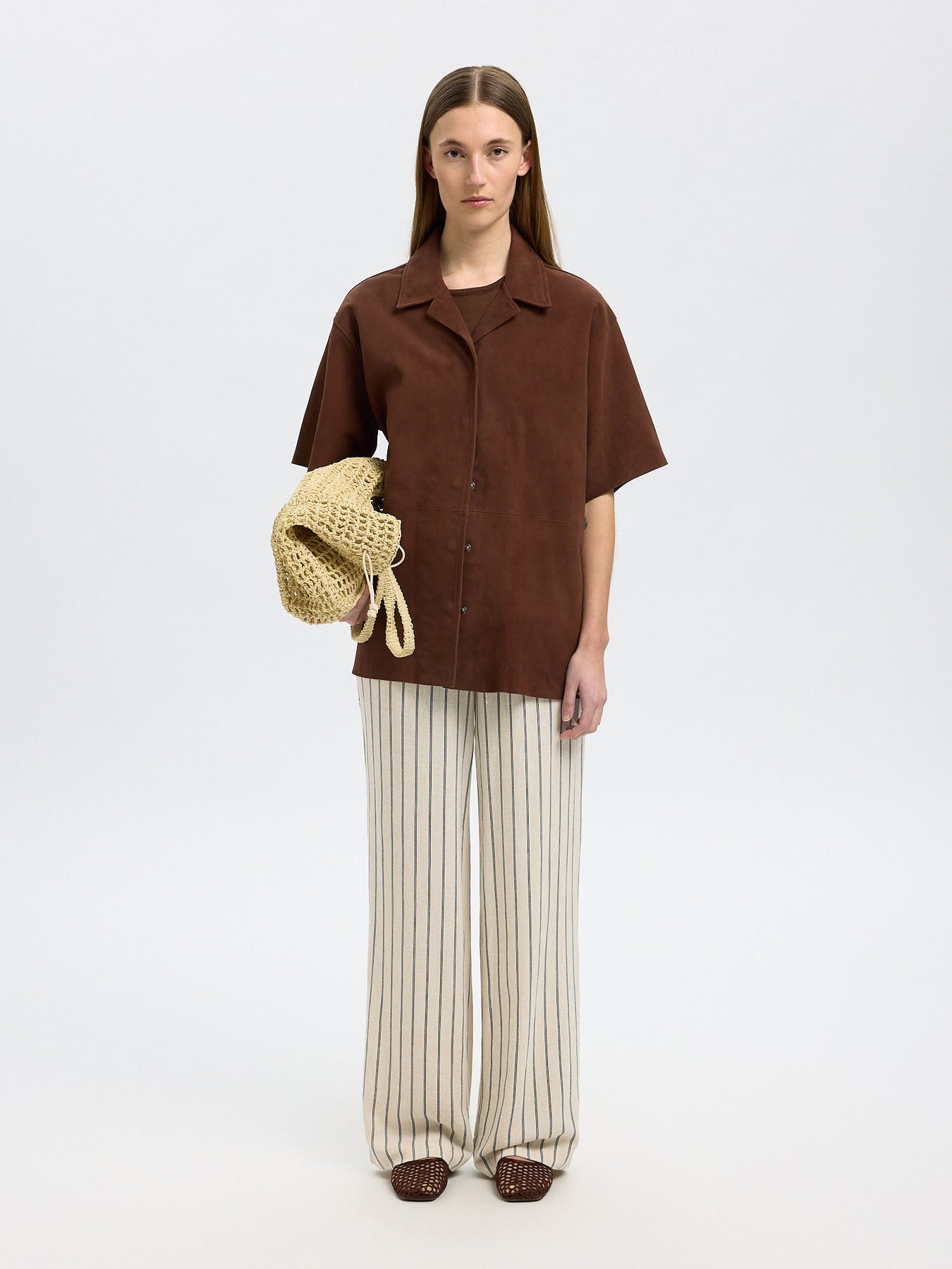 Selected Femme Viva-Gulia HW Striped Sun Pant - Sandshell Pin Stripe