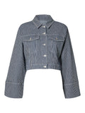 Myra Ls Stripe Short Denim Jacket - Medium Blue Denim White