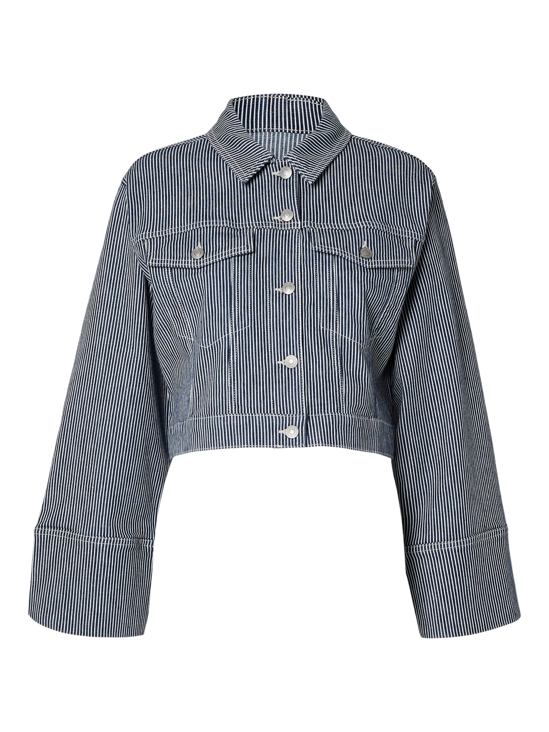 Myra Ls Stripe Short Denim Jacket - Medium Blue Denim White