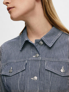 Myra Ls Stripe Short Denim Jacket - Medium Blue Denim White