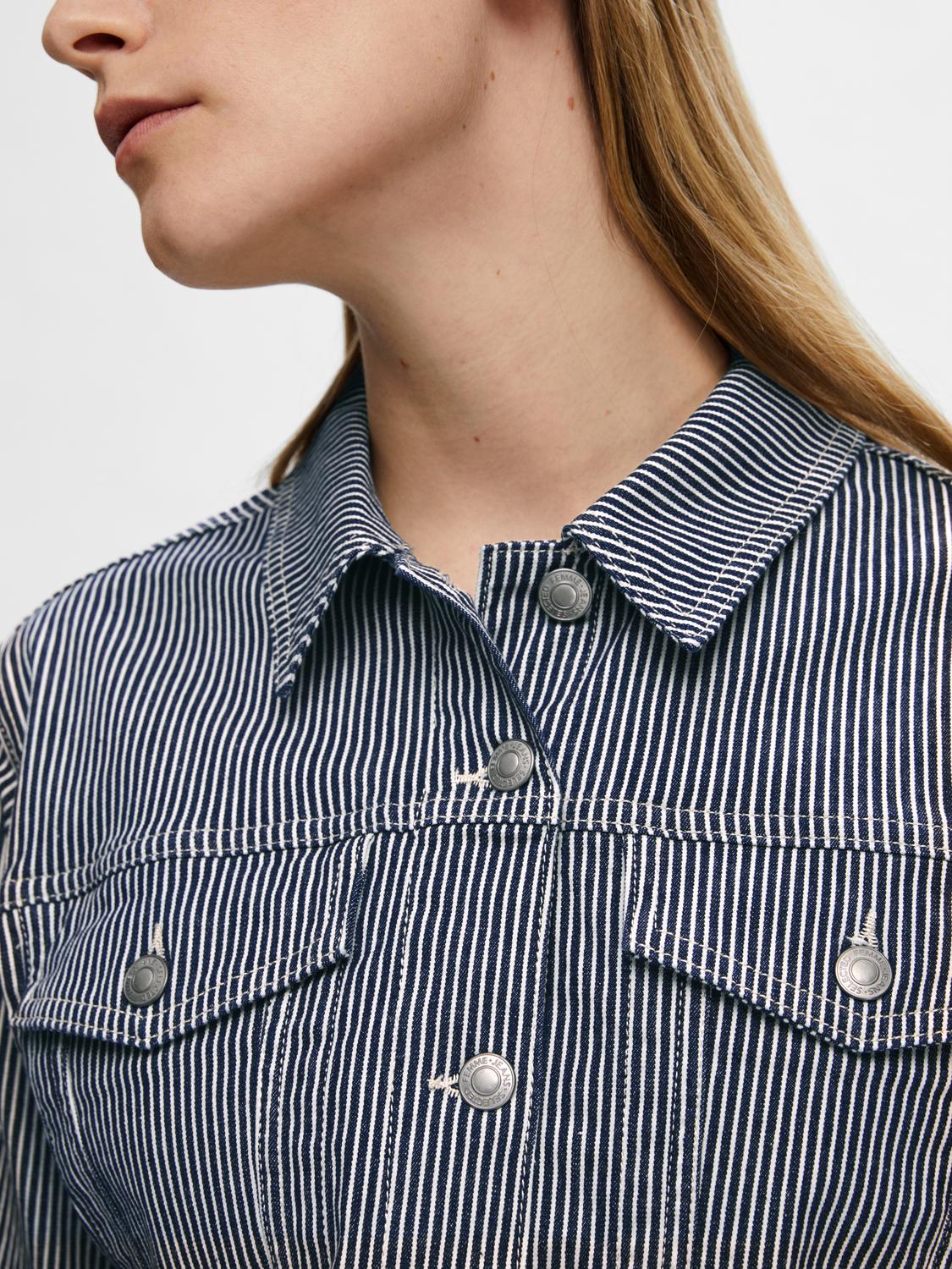 Myra Ls Stripe Short Denim Jacket - Medium Blue Denim White