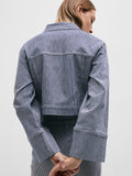Myra Ls Stripe Short Denim Jacket - Medium Blue Denim White