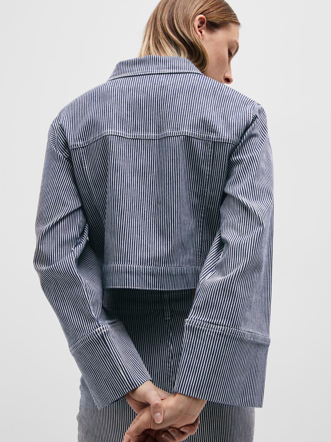 Myra Ls Stripe Short Denim Jacket - Medium Blue Denim White