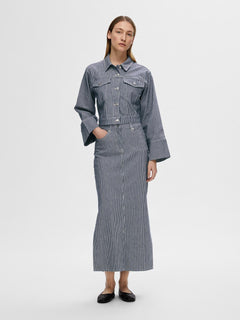 Myra Hw Stripe Column Denim Skirt - Medium Blue Denim White