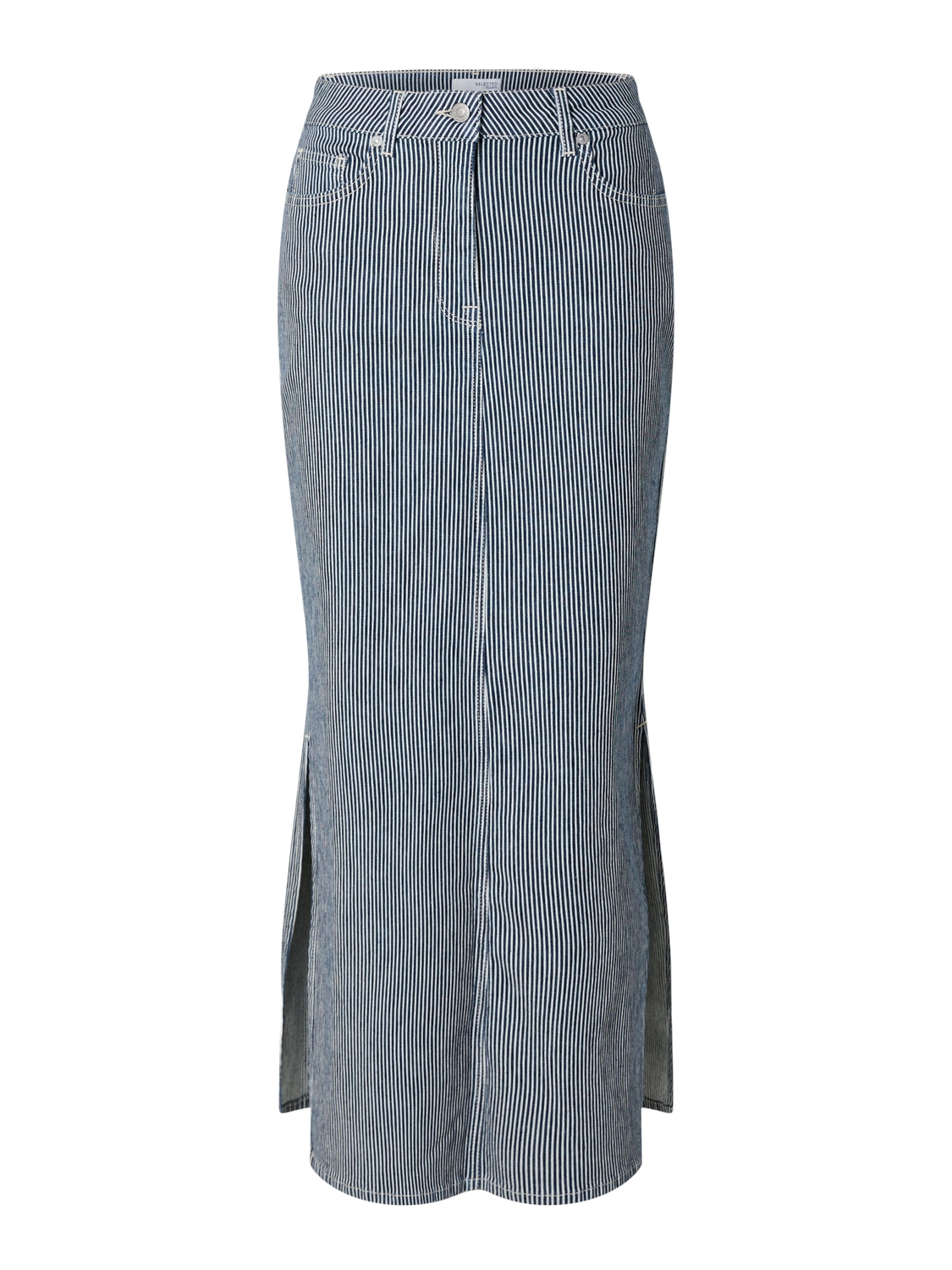 Myra Hw Stripe Column Denim Skirt - Medium Blue Denim White