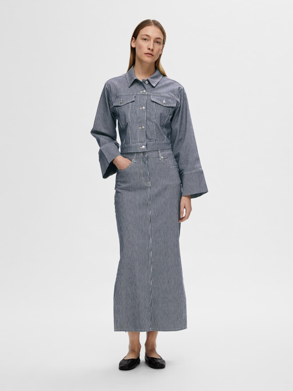Myra Hw Stripe Column Denim Skirt - Medium Blue Denim White