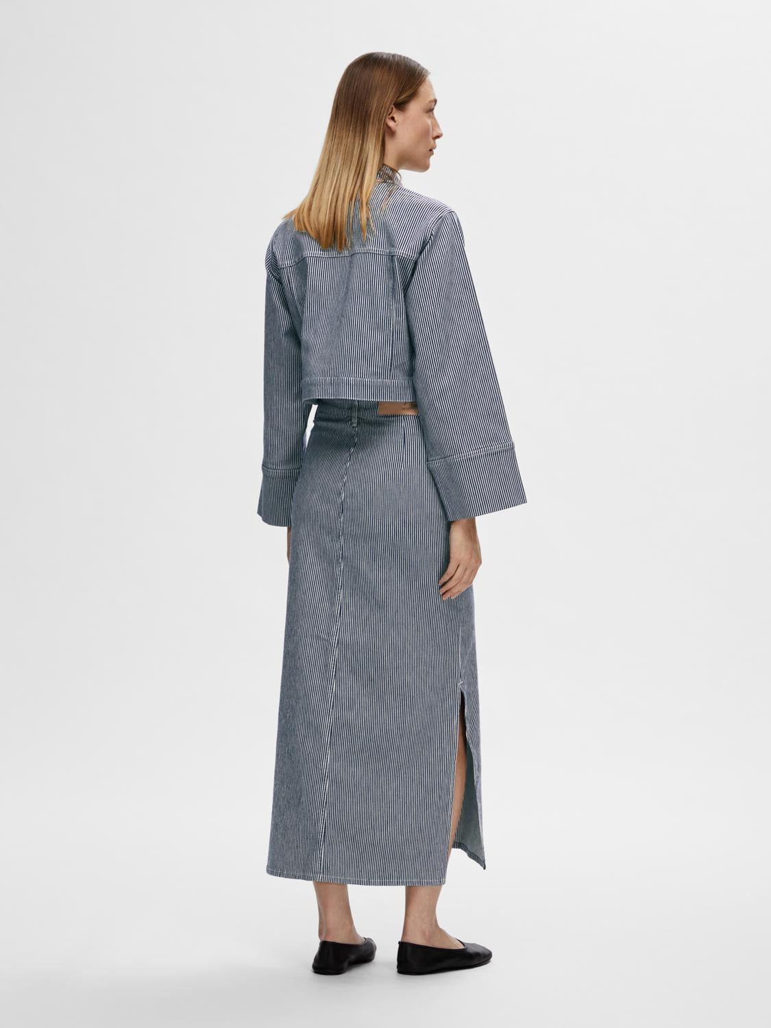 Myra Hw Stripe Column Denim Skirt - Medium Blue Denim White