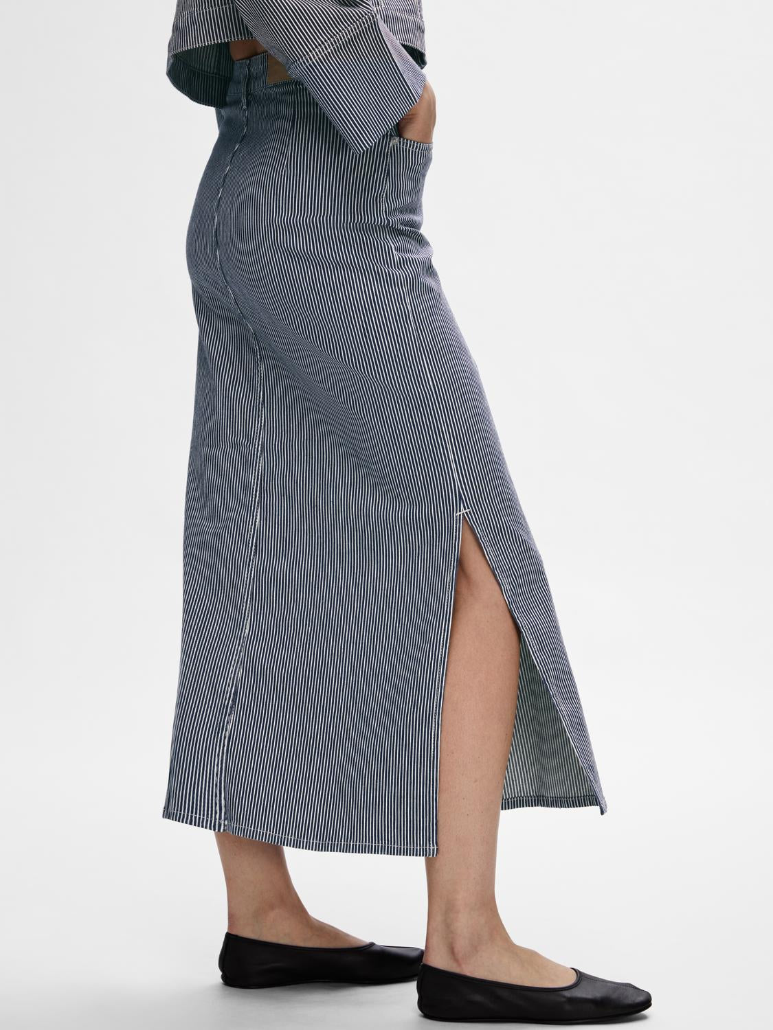 Myra Hw Stripe Column Denim Skirt - Medium Blue Denim White