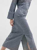 Myra Hw Stripe Column Denim Skirt - Medium Blue Denim White