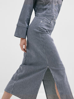 Myra Hw Stripe Column Denim Skirt - Medium Blue Denim White