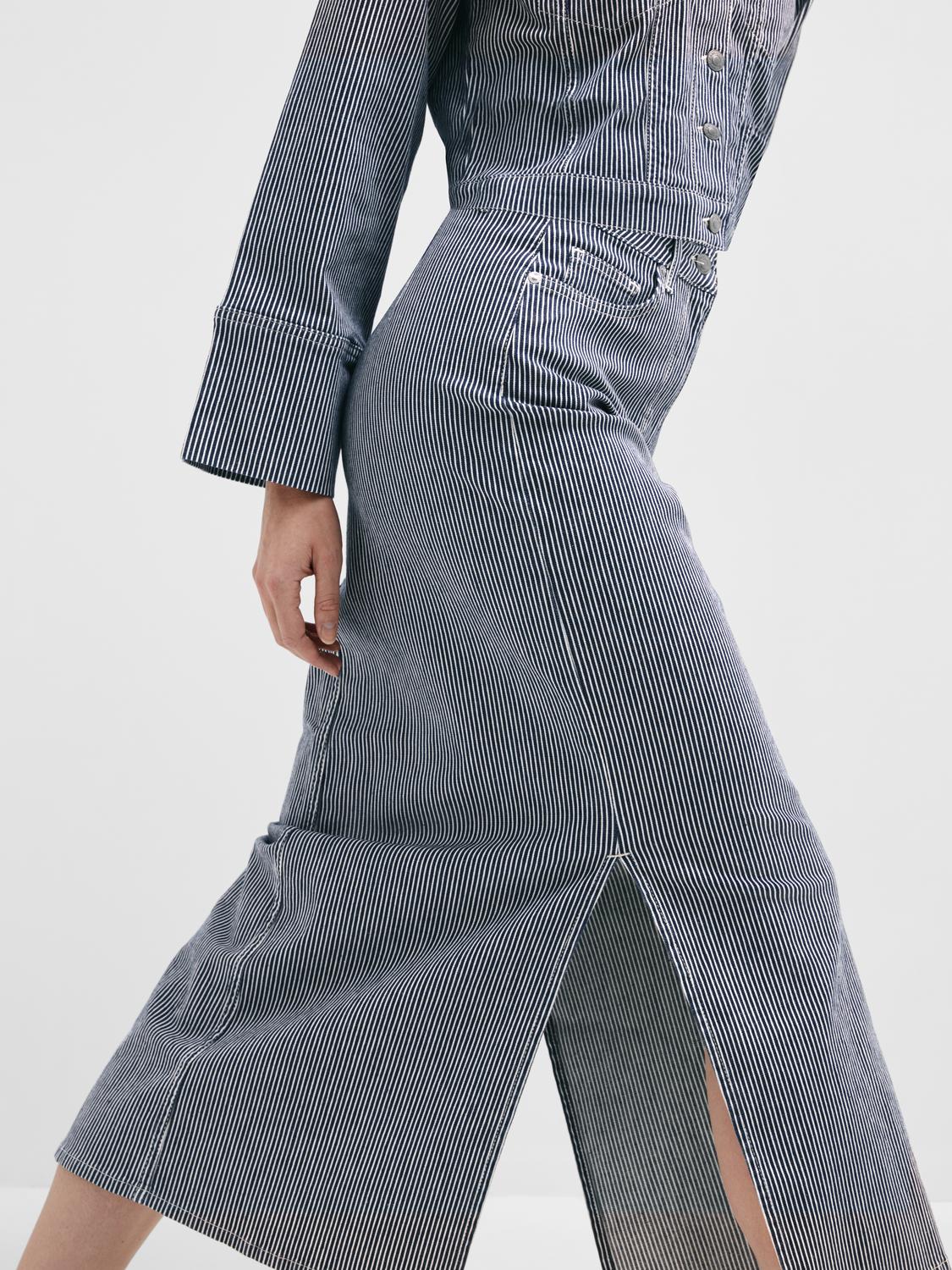 Myra Hw Stripe Column Denim Skirt - Medium Blue Denim White