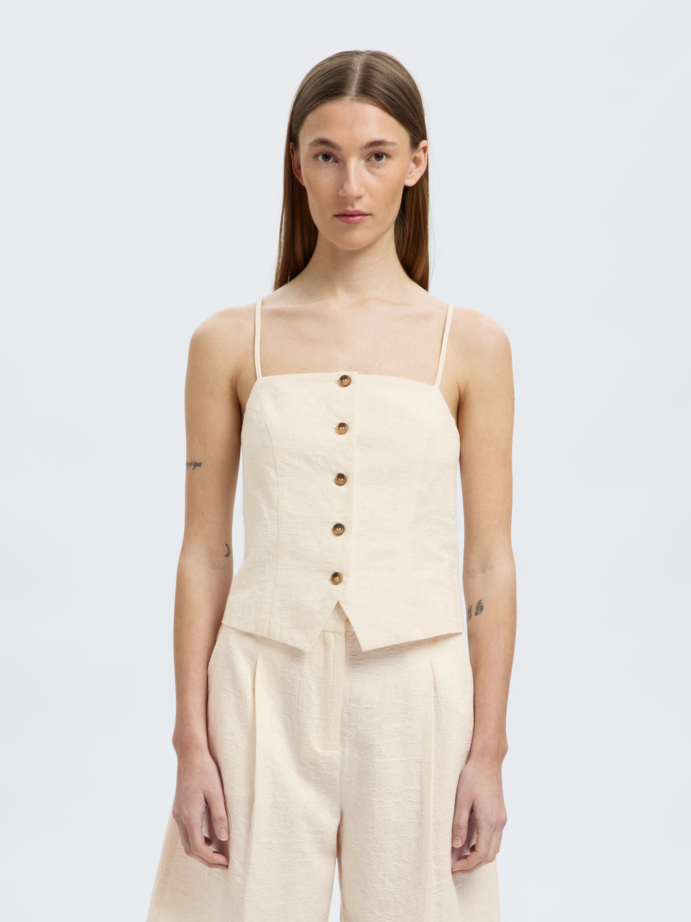 Selected Femme Mette Buttoned Jacquard Strap Top B - Snow White