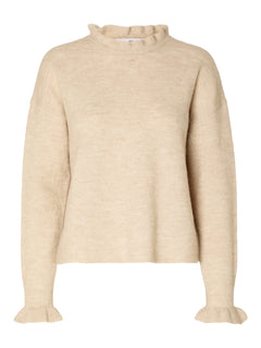 Lulu Ls Knit Frills O-Neck - Birch Melange