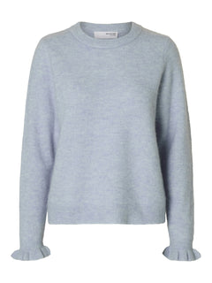Lulu Ls Knit Frill Cuff O-Neck Noos - Cashmere Blue Melange