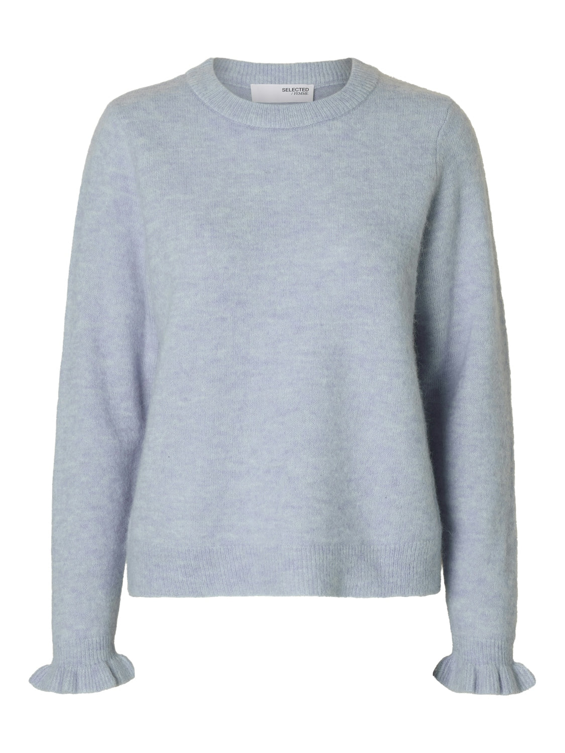 Lulu Ls Knit Frill Cuff O-Neck Noos - Cashmere Blue Melange