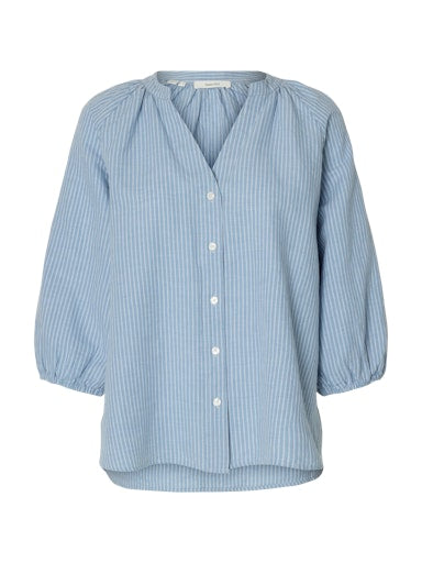 Cleo-Alberta Linneskjorta - Dusty Blue Bright White