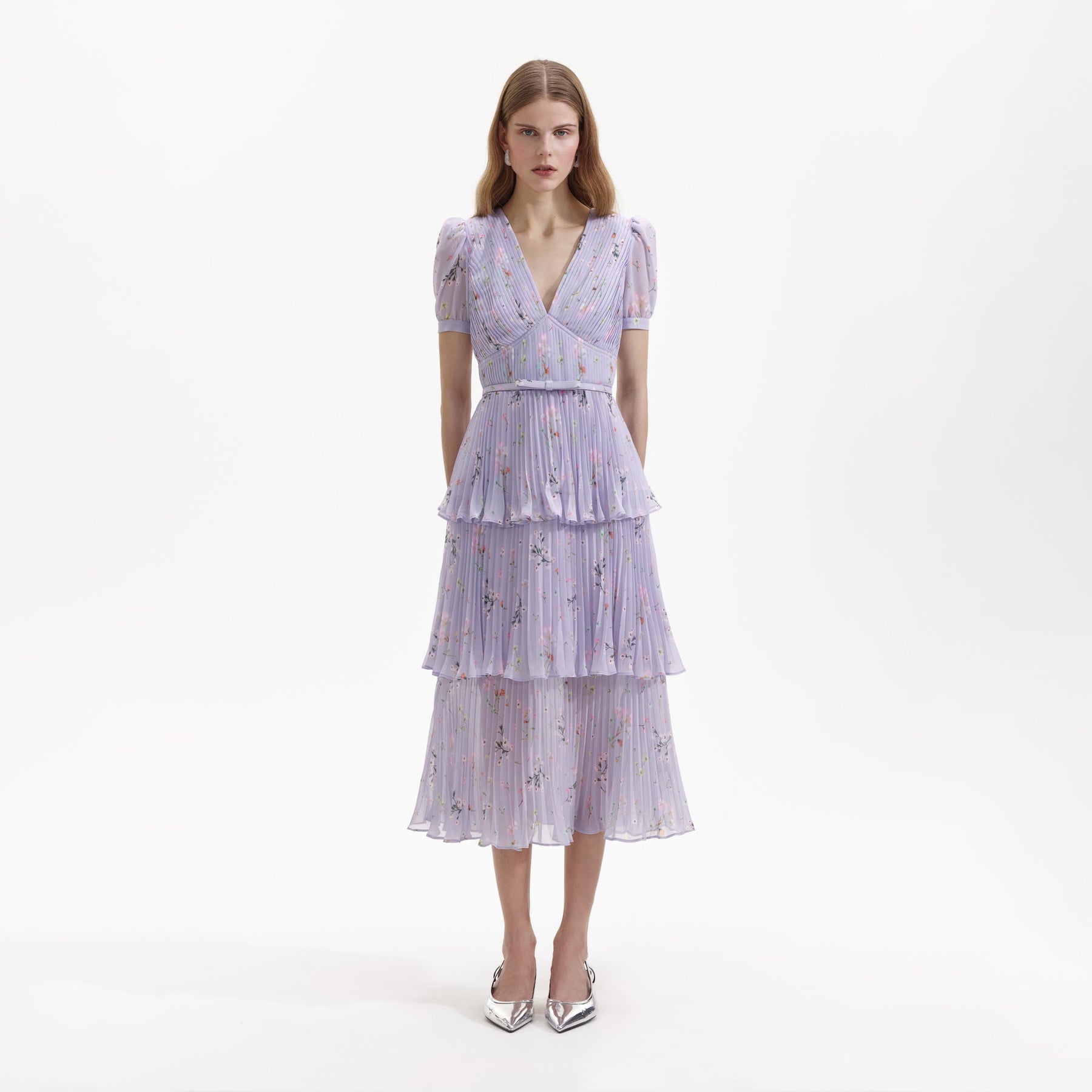 Chiffon Tiered Midi Dress - Lilac Floral
