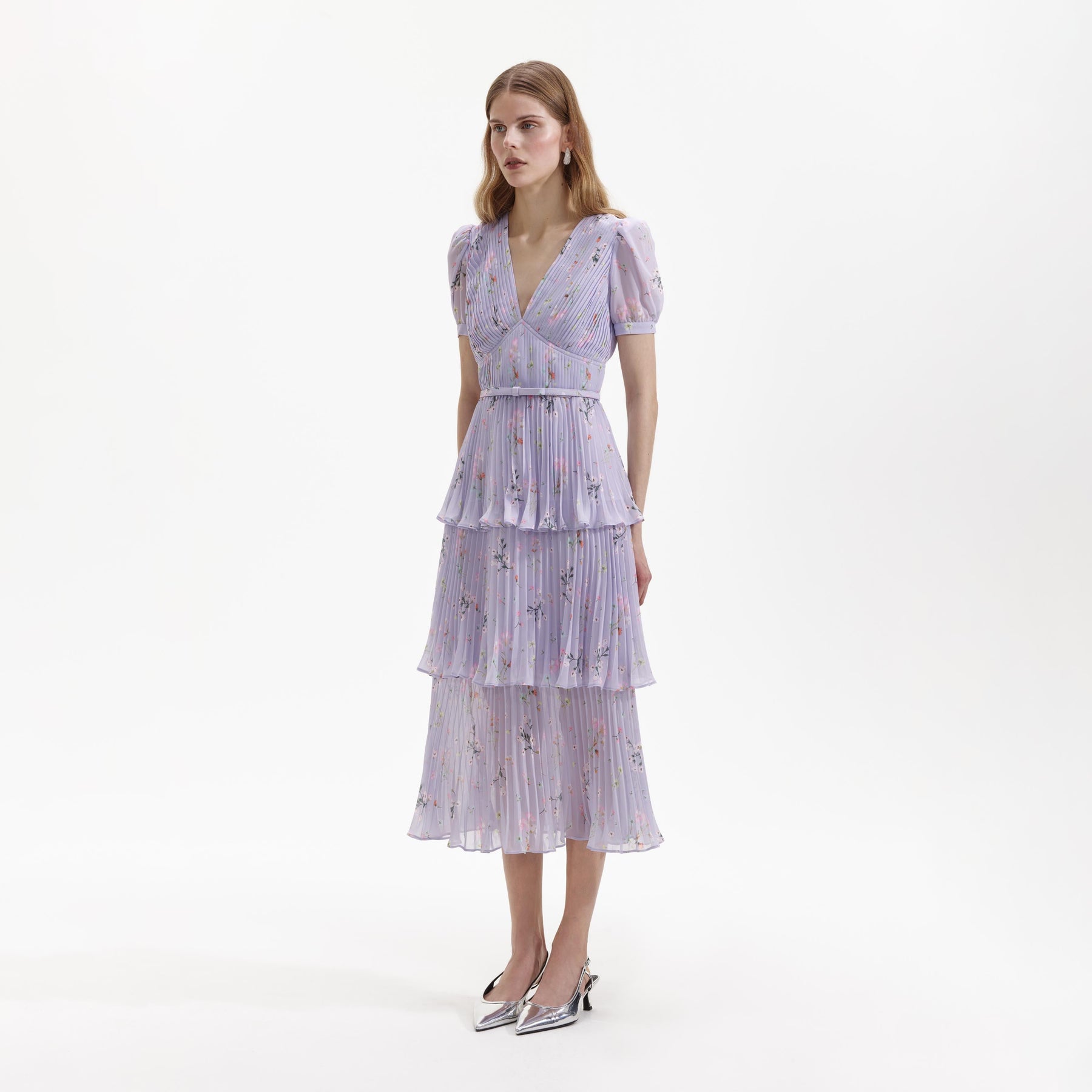 Chiffon Tiered Midi Dress - Lilac Floral