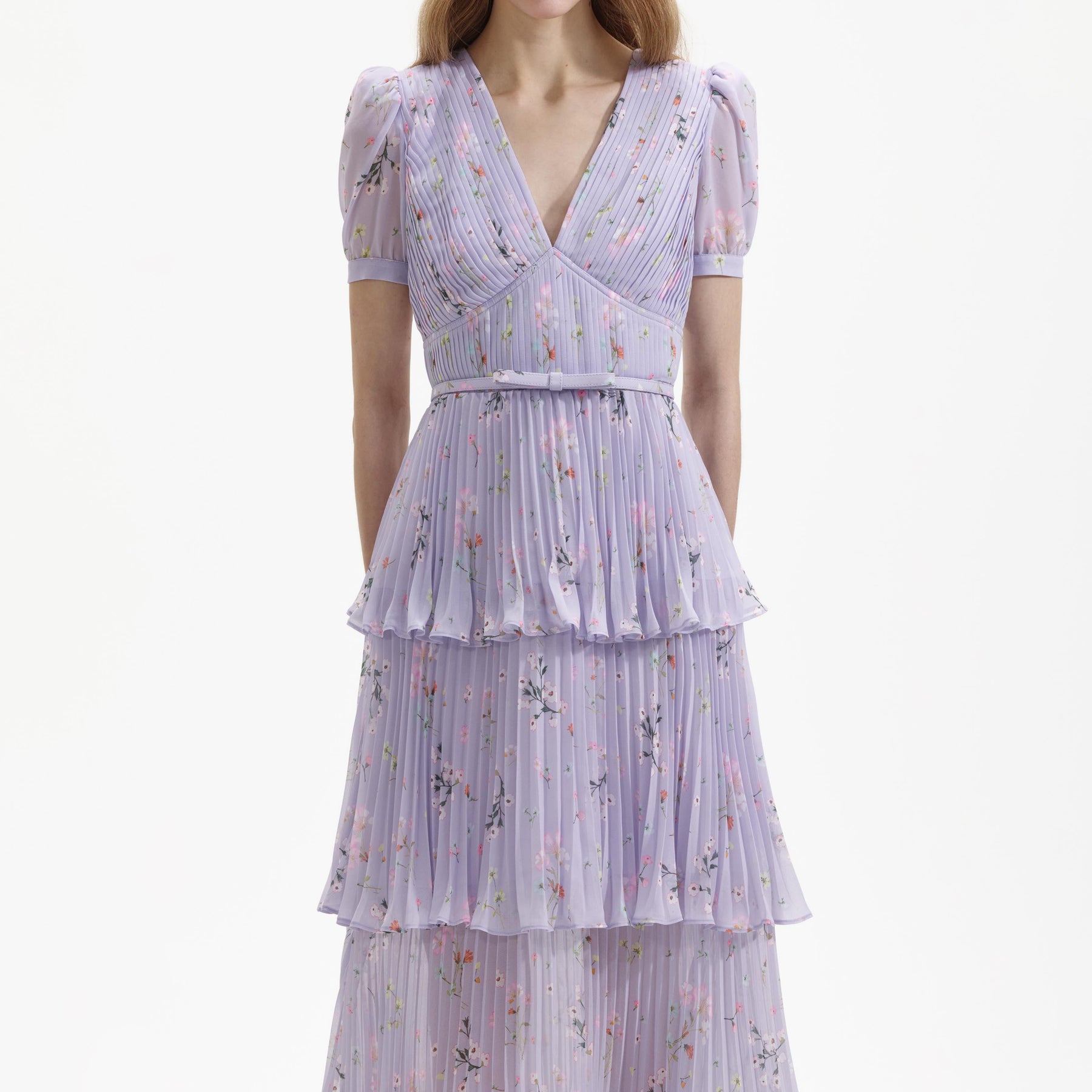 Chiffon Tiered Midi Dress - Lilac Floral