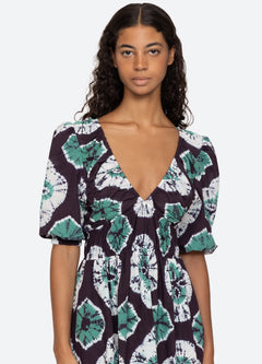 Aveline Tie Dye Print Puff Slv Dress - Teal
