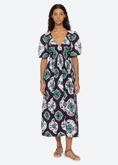 Aveline Tie Dye Print Puff Slv Dress - Teal