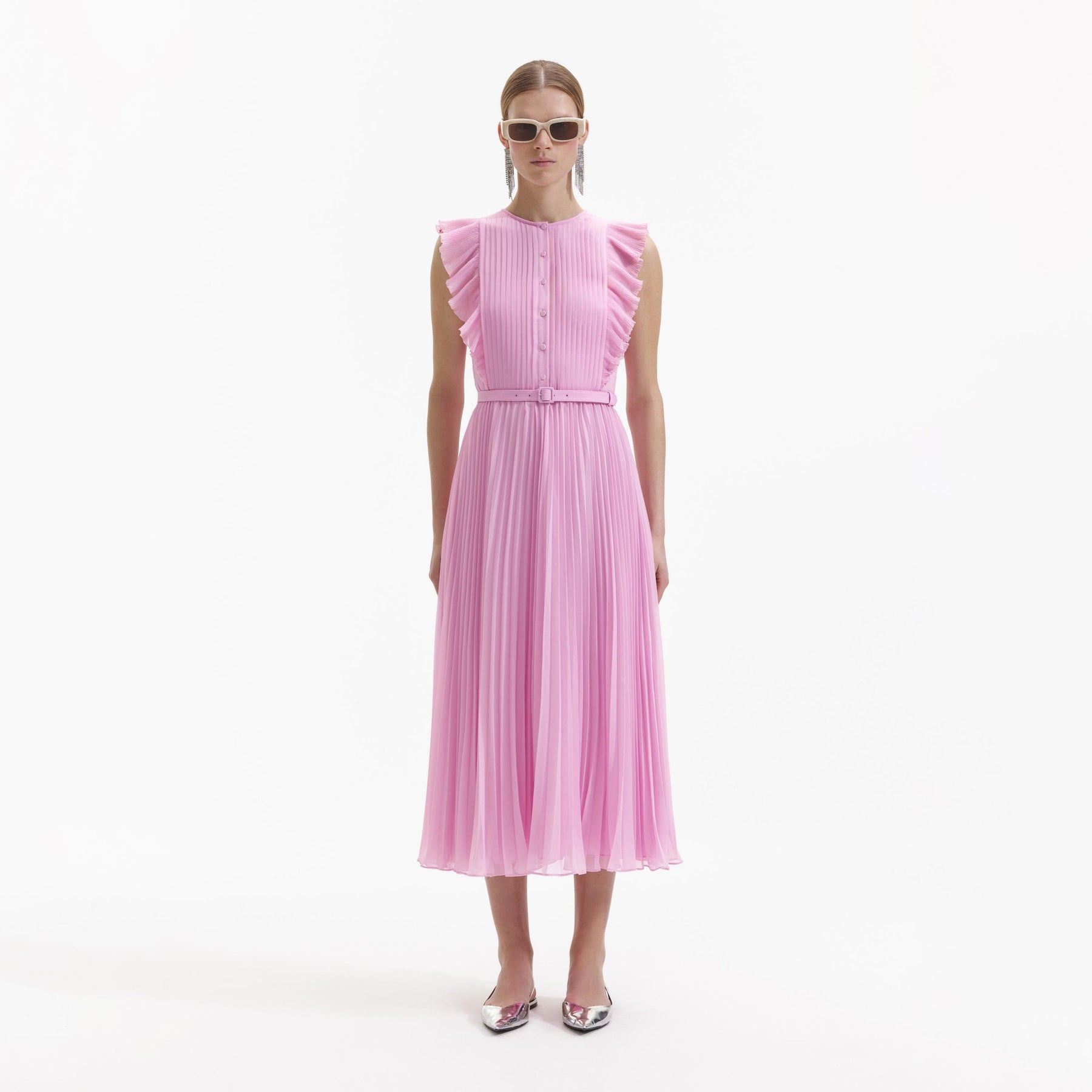 Chiffon Sleeveless Ruffle Midi Dress - Pink