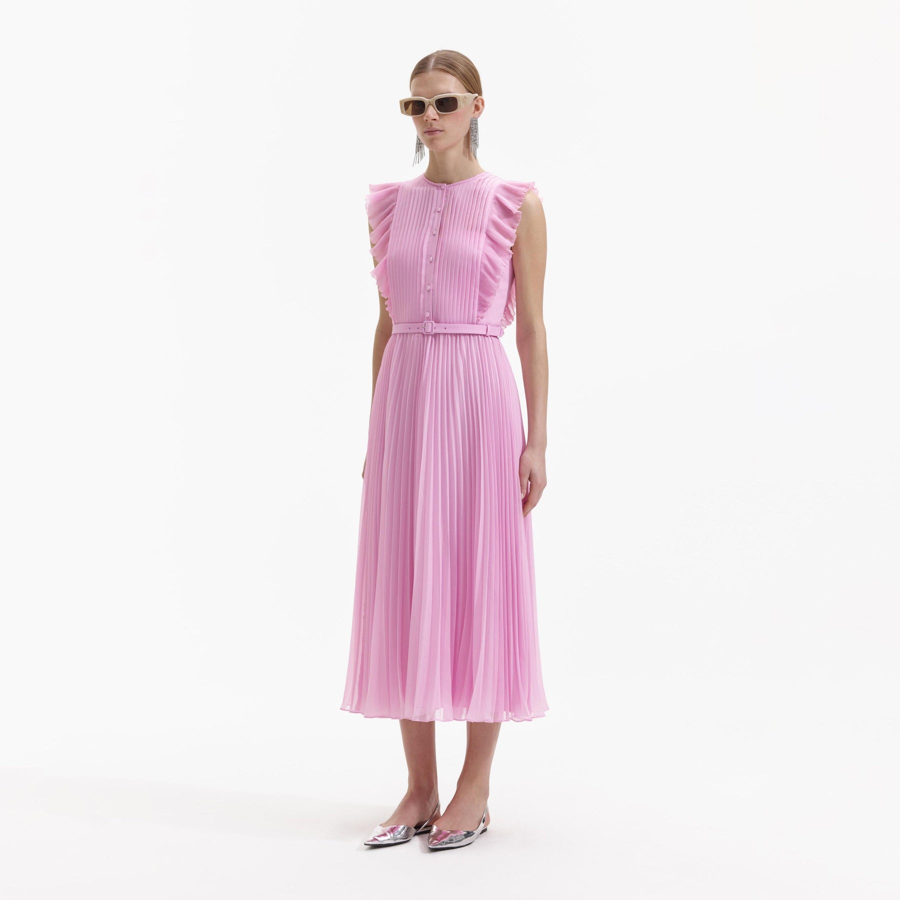 Chiffon Sleeveless Ruffle Midi Dress - Pink