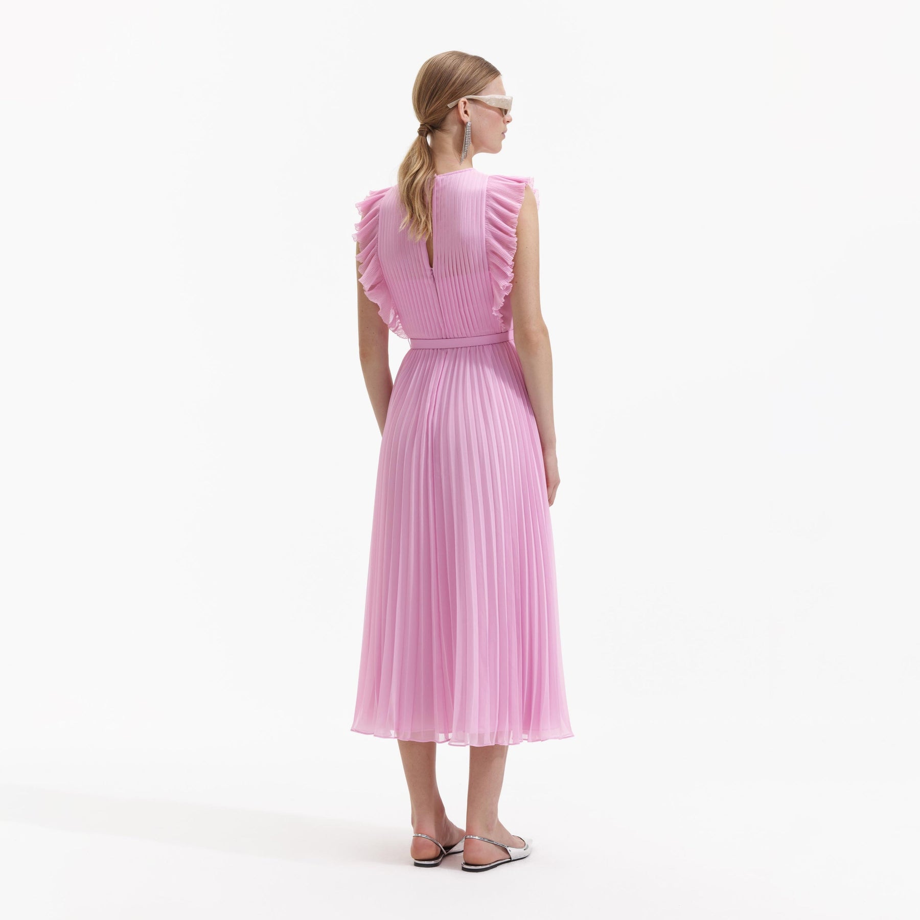 Chiffon Sleeveless Ruffle Midi Dress - Pink