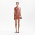Printed Mesh Rhinestone Mini Dress - Orange