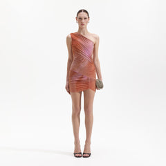 Printed Mesh Rhinestone Mini Dress - Orange