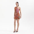 Printed Mesh Rhinestone Mini Dress - Orange