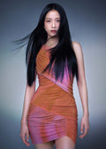 Printed Mesh Rhinestone Mini Dress - Orange