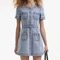 Denim Buttoned Mini Dress  - Light Blue