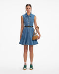 Denim Sleeveless Pearl Mini Dress - Blå