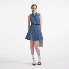 Denim Sleeveless Pearl Mini Dress - Blue