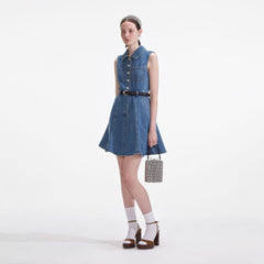 Denim Sleeveless Pearl Mini Dress - Blue