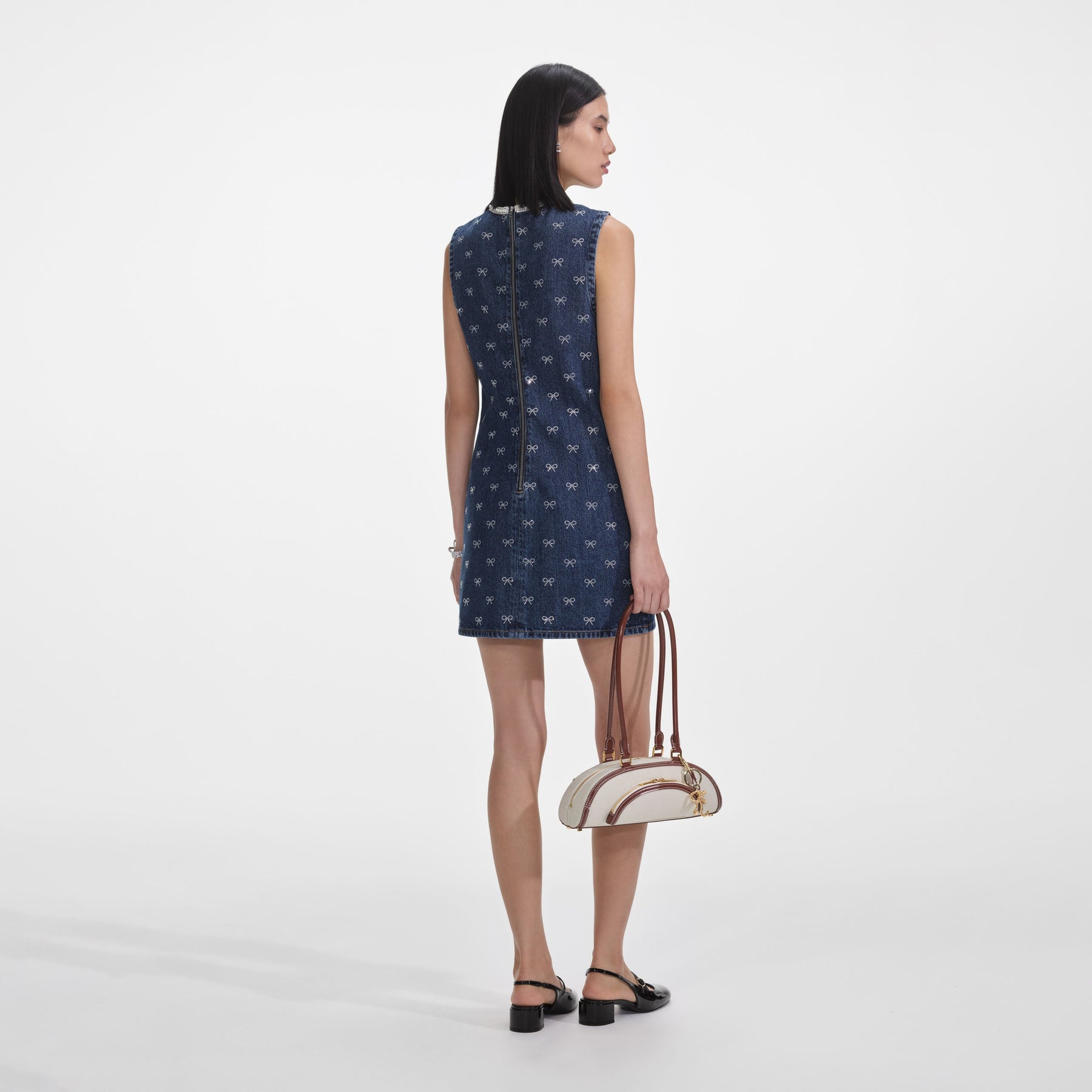 Denim Diamante Bow Mini Dress - Blå