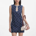 Denim Diamante Bow Mini Dress - Blå