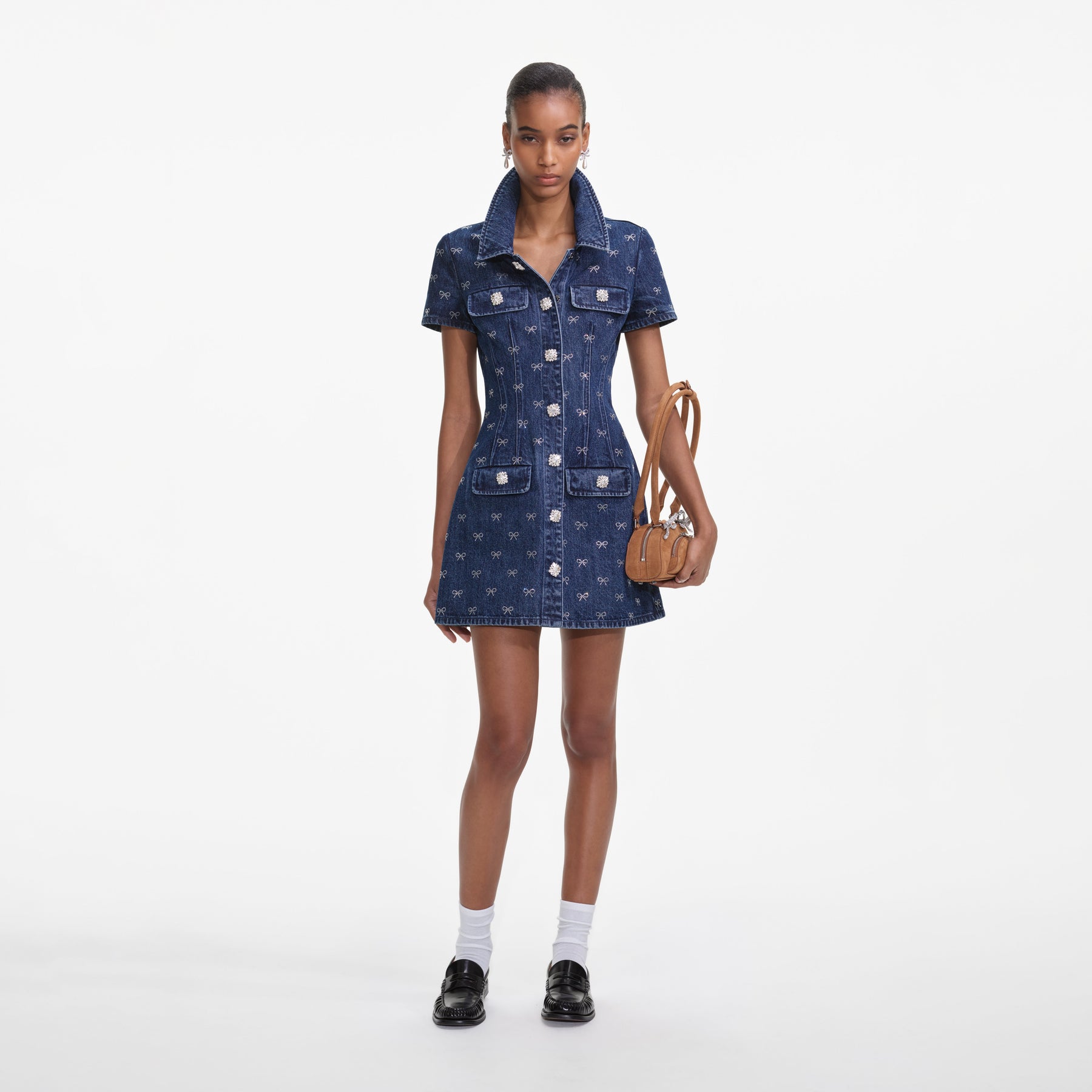 Denim Diamante Bow Collared Mini Dress - Blue