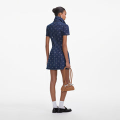 Denim Diamante Bow Collared Mini Dress - Blue