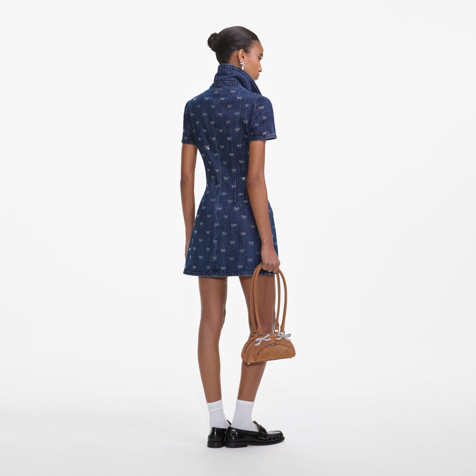 Denim Diamante Bow Collared Mini Dress - Blue