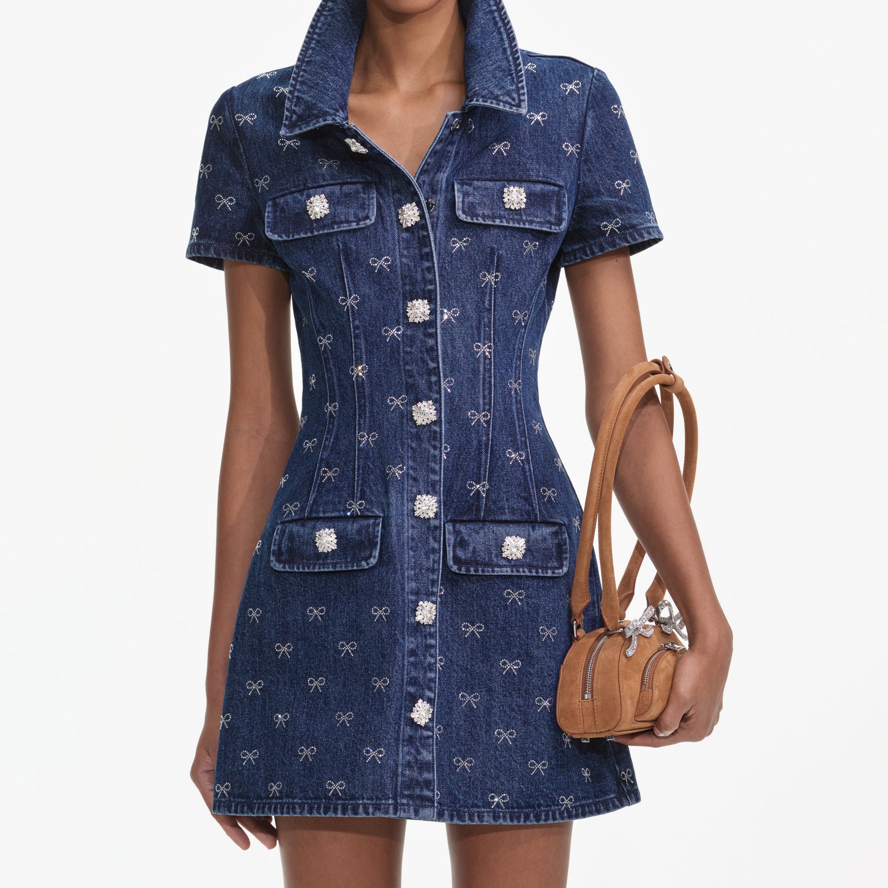 Denim Diamante Bow Collared Mini Dress - Blue