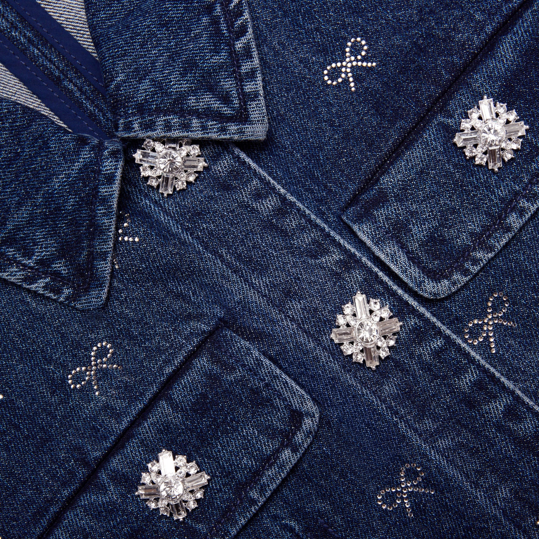 Denim Diamante Bow Collared Mini Dress - Blue