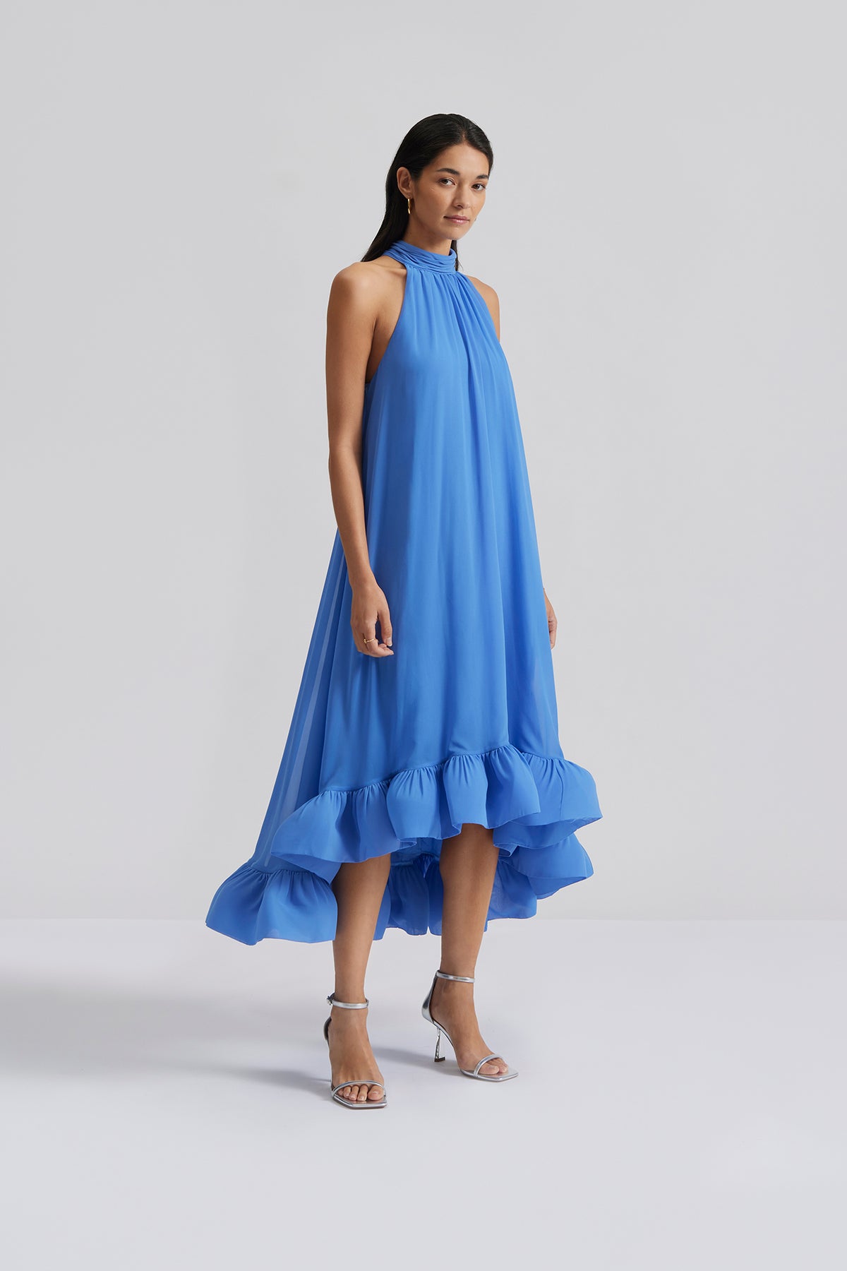 Sabrina Halterneck Ruffled Maxi Dress - Azure Blue