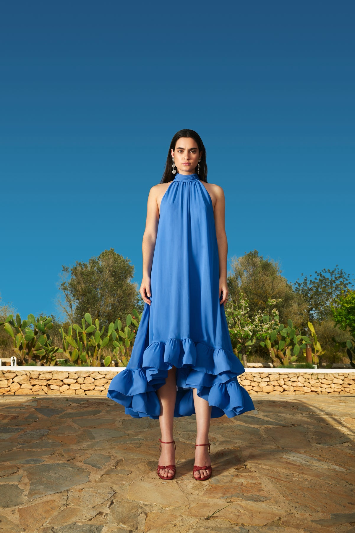 Sabrina Halterneck Ruffled Maxi Dress - Azure Blue