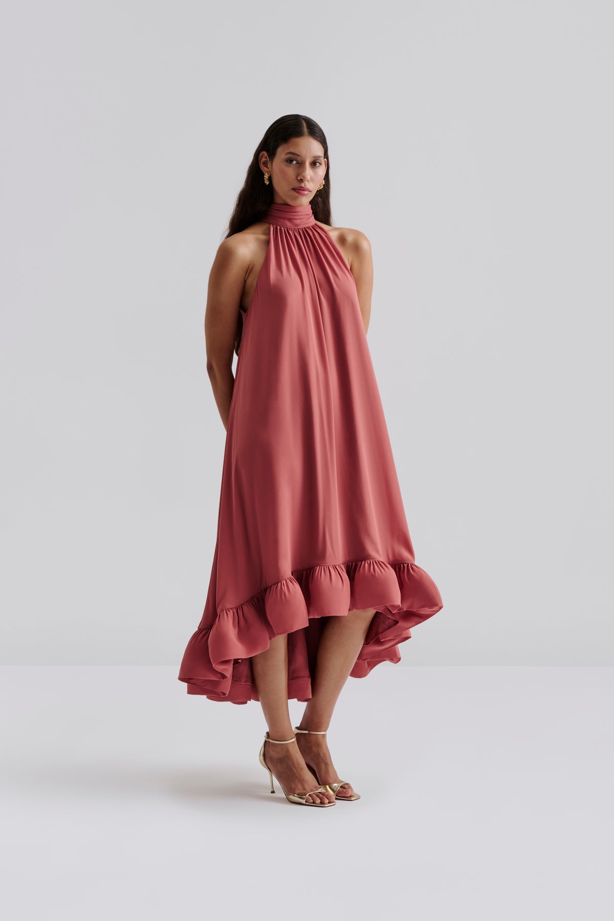 Sabrina Halterneck Ruffled Maxi Dress - Terracotta