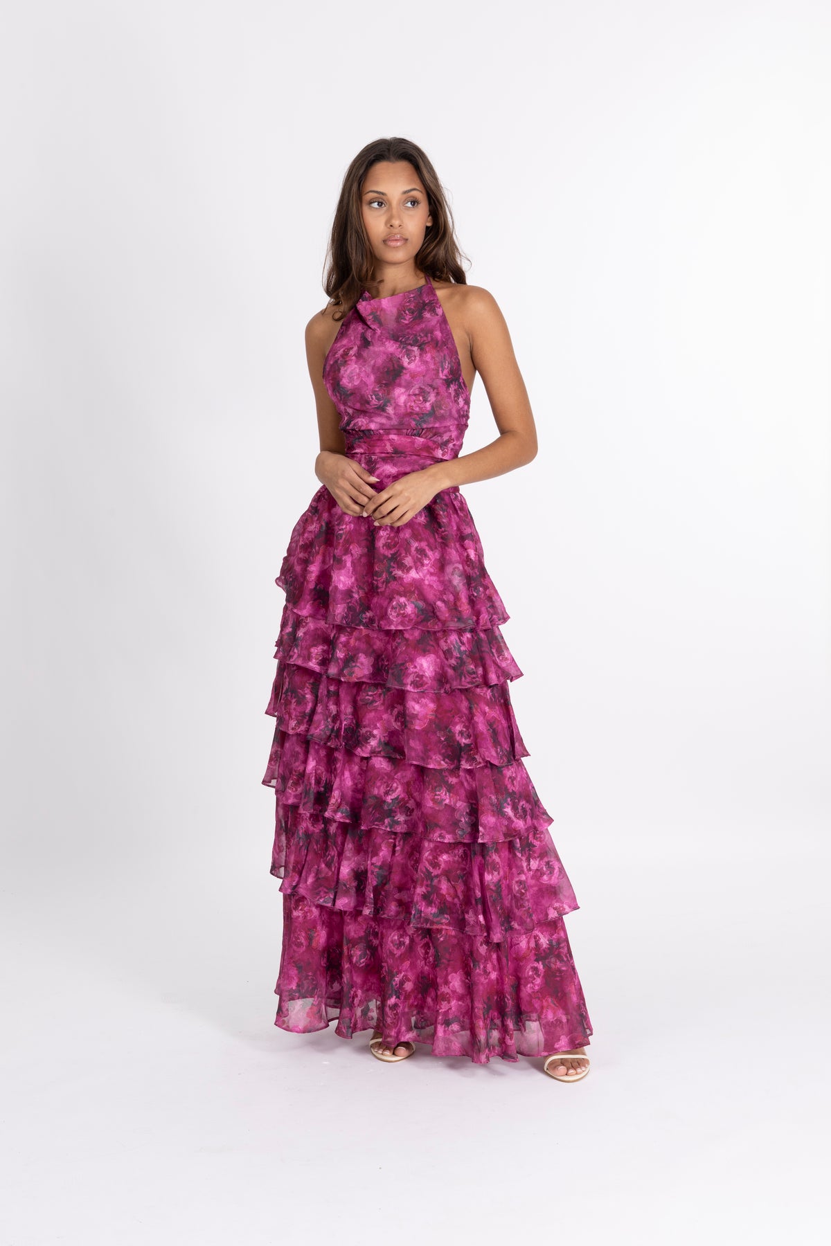 Inga Halter Maxi Dress - Fuchsia Flower